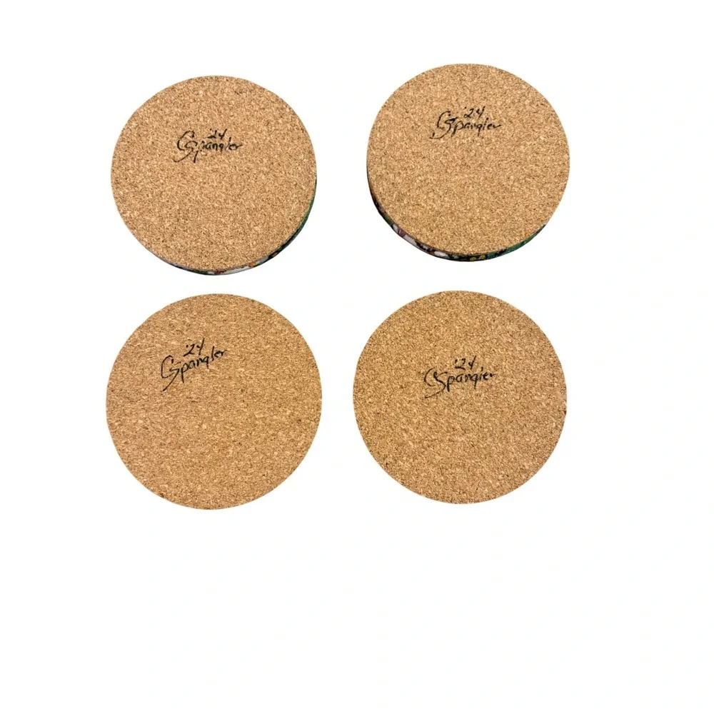 Handmade‎ Mardi Gras Coaster Set 4 Mask Carnival Decor Cork Back Signed Spangler